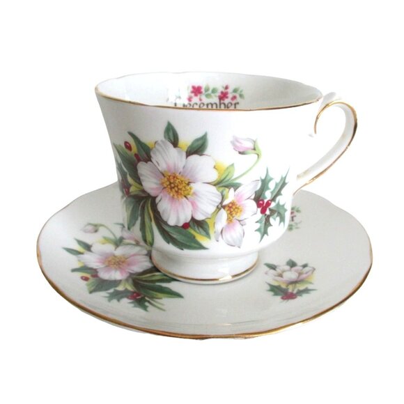 Duchess Holly Teacup & Saucer - Vintage Fine Bone English China - December Birth - Picture 1 of 7